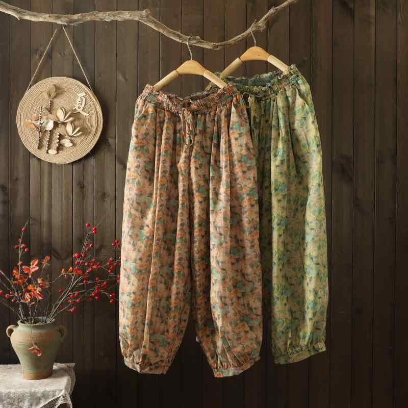 レディース ファッション 服 オシャレ カワイイ シンプル 大人カワイイ 大きいサイズ プリント ラミー ハイウエスト スリム リネン カジュアル 九分丈 パンツ