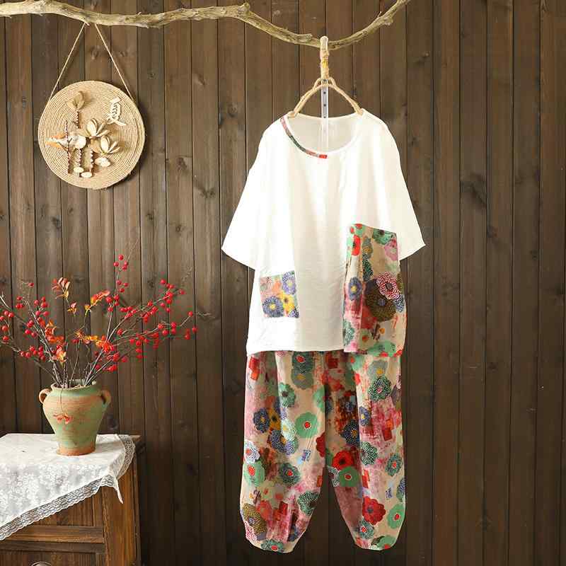 レディース ファッション 服 オシャレ カワイイ シンプル 大人カワイイ 大きいサイズ 綿麻 プリント セット ポケット 半袖 T シャツ カジュアル 七分丈 ワイド パンツ ゆったり スーツ