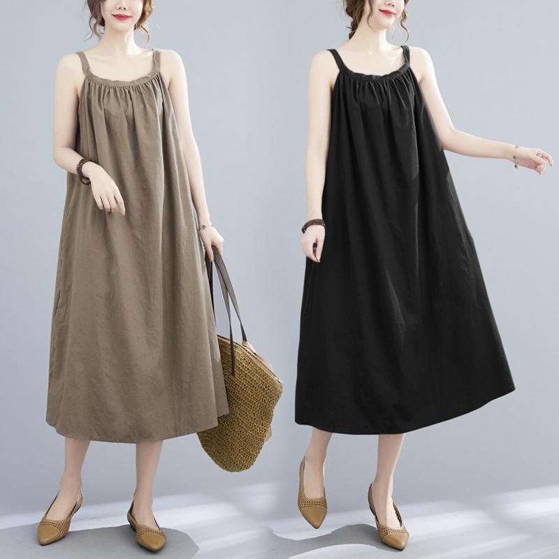 レディース ファッション 服 オシャレ カワイイ シンプル 大人カワイイ 大きいサイズ 秋 コットン リネン 無地 お ドレス ノースリーブ プリーツ スカート ロング リネン A