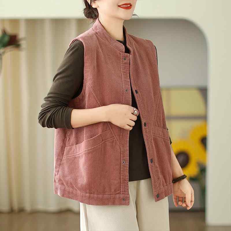 レディース ファッション 服 オシャレ カワイイ シンプル 大人カワイイ 大きいサイズ 春 ソリッドカラー コーデュロイ ベスト ジャケット スタンドカラー カジュアル チョッキ