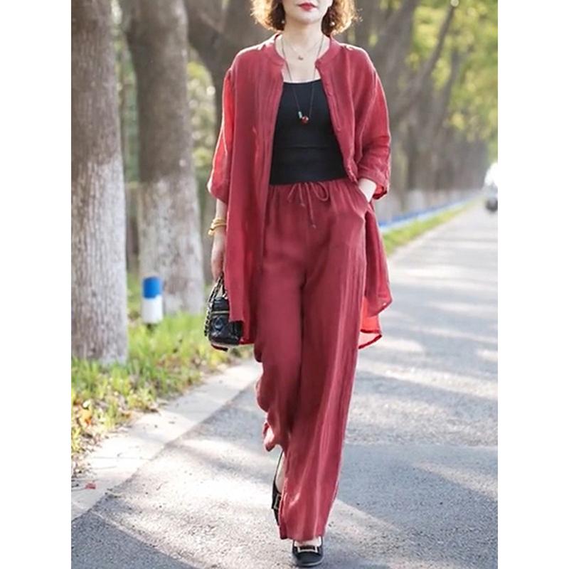 レディース ファッション 服 オシャレ カワイイ シンプル 大人カワイイ 大きいサイズ 秋 無地 七分袖 ミドル丈 シャツ ツーピース ワイド レッグ パンツ スーツ