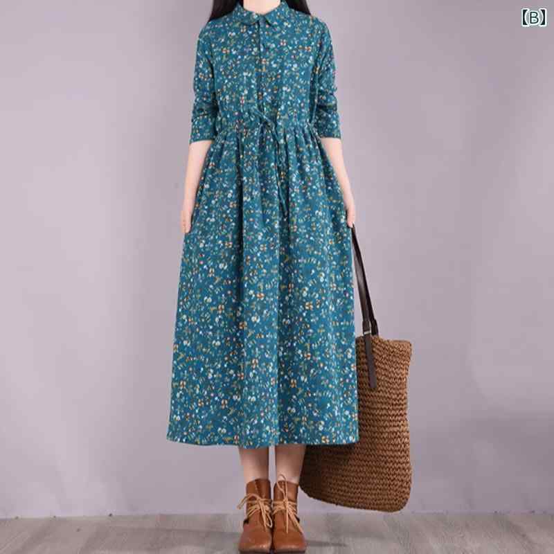 レディース ファッション 服 オシャレ カワイイ シンプル 大人カワイイ 大きいサイズ 花柄 コットン リネン シャツ ドレス ウエスト ロング リネン Aライン