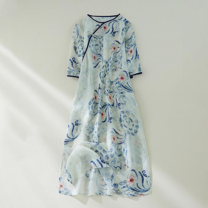 Rakuten - レディース ファッション 服 オシャレ カワイイ シンプル 大人カワイイ 大きいサイズ プリント コットン リネン ドレス ディスク ボタン ラウンドネック ハーフスリーブ チャイナ Aライン ロング スカート