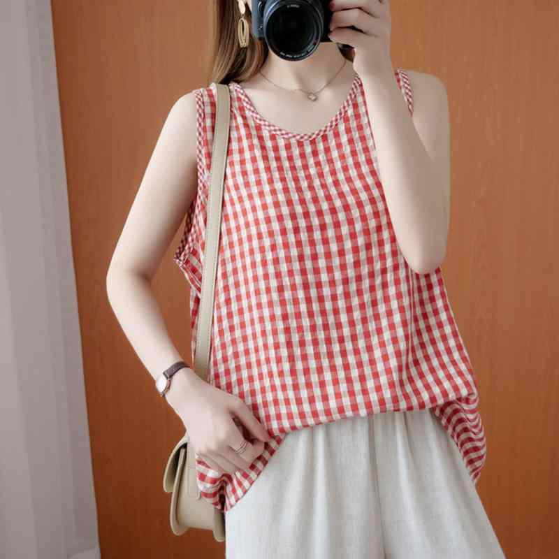 Other - レディース ファッション 服 オシャレ カワイイ シンプル 大人カワイイ 大きいサイズ コットン リネン チェック柄 ノースリーブ T シャツ リネン ラウンドネック ベスト トップス 秋