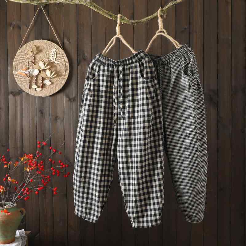 Other - レディース ファッション 服 オシャレ カワイイ シンプル 大人カワイイ 大きいサイズ チェック柄 コットン リネン パンツ ストレッチ ウエスト リネン 九分丈 カジュアル