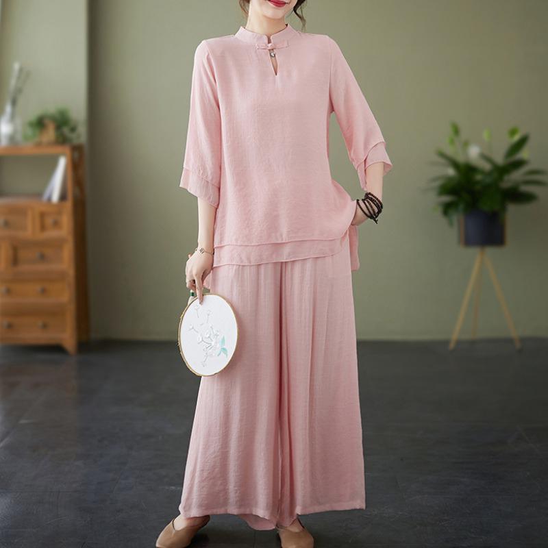 Rakuten - レディース ファッション 服 オシャレ カワイイ シンプル 大人カワイイ 大きいサイズ 秋 バックル 七分袖 無地 ヨガ トップス 綿 リネン スーツ カジュアル ワイド レッグ パンツ セット
