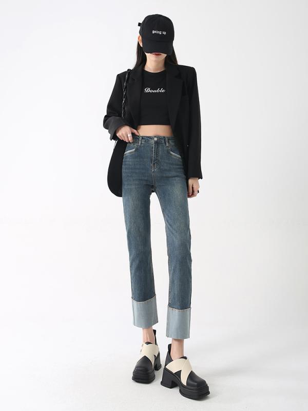 乐天商城 - レディース ファッション 服 オシャレ カワイイ シンプル 大人カワイイ 大きいサイズ カール ストレート ストレッチ ジーンズ ウエスト スリム 九分丈 パンツ