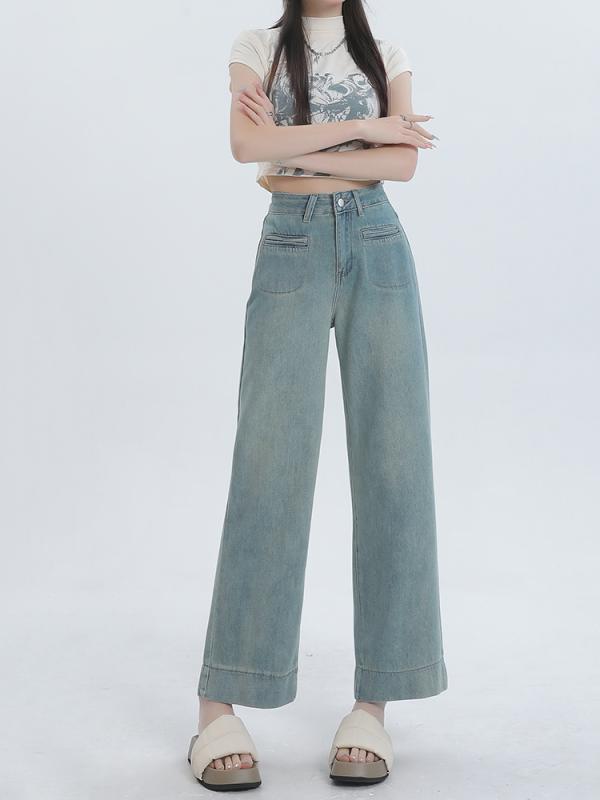 Nylon, Rayon, Polyester - レディース ファッション 服 オシャレ カワイイ シンプル 大人カワイイ 大きいサイズ ストレート ジーンズ 秋 ハイウエスト 九分丈 ワイド レッグ パンツ