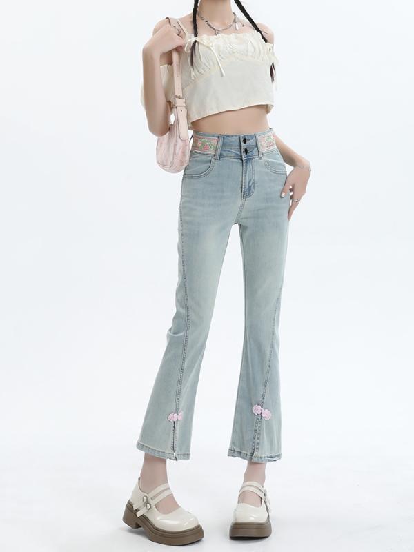 Long Pants - レディース ファッション 服 オシャレ カワイイ シンプル 大人カワイイ 大きいサイズ バックル スリット ジーンズ 秋 薄手 ハイウエスト スリム 九分丈 フレア パンツ