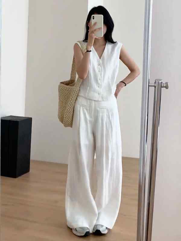 Other - レディース ファッション 服 オシャレ カワイイ シンプル 大人カワイイ 大きいサイズ ホワイト 薄手 ハイウエスト ロング パンツ 秋 ゆったり ワイド レッグ 快適