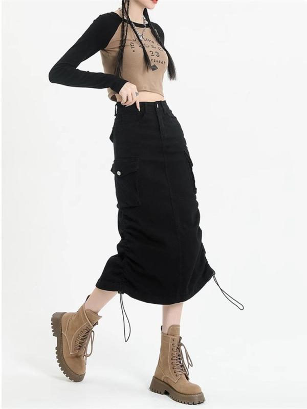 乐天商城 - レディース ファッション 服 オシャレ カワイイ シンプル 大人カワイイ 大きいサイズ カジュアル ワークウェア ロング スカート 春秋 ハイウエスト スリム ハーフ レングス デニム スカート
