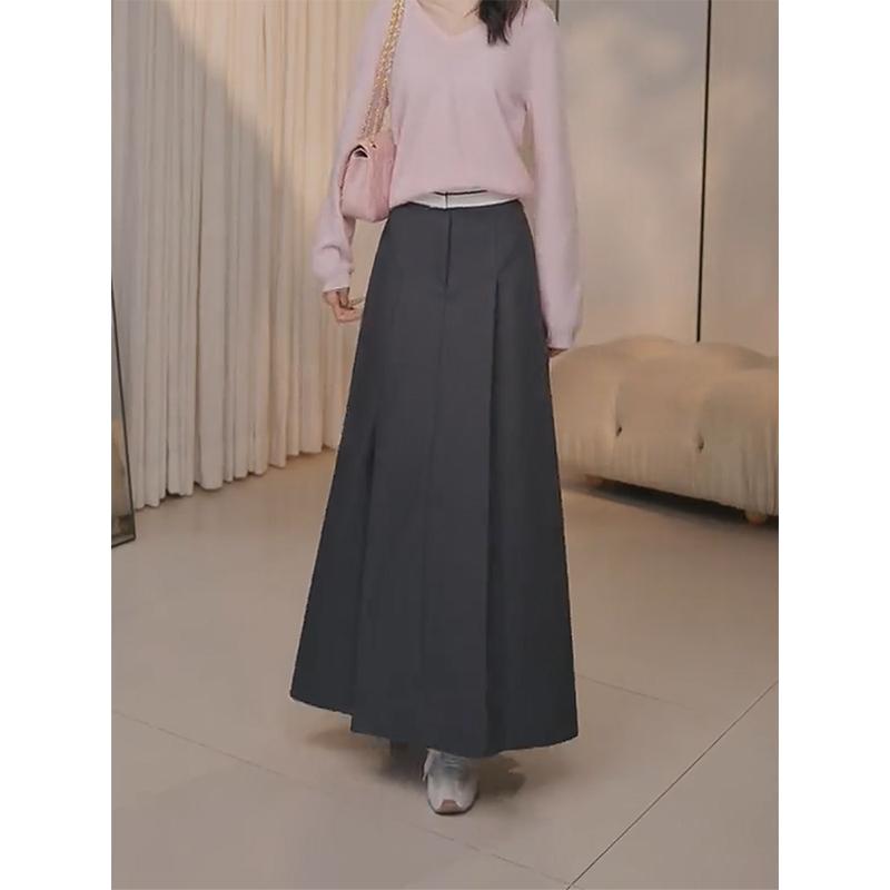 ハイウエスト プリーツ ストレート スカート スーツ 秋 ゆったり スリム スイング ロング