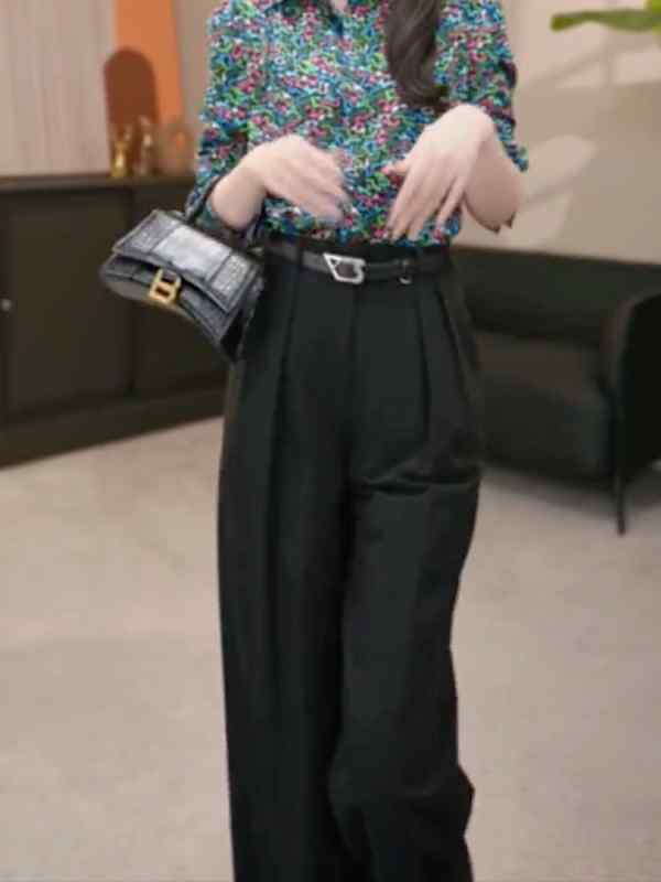 通勤 黒 プリーツ スーツ ズボン 秋 ハイウエスト パンツ ストレート