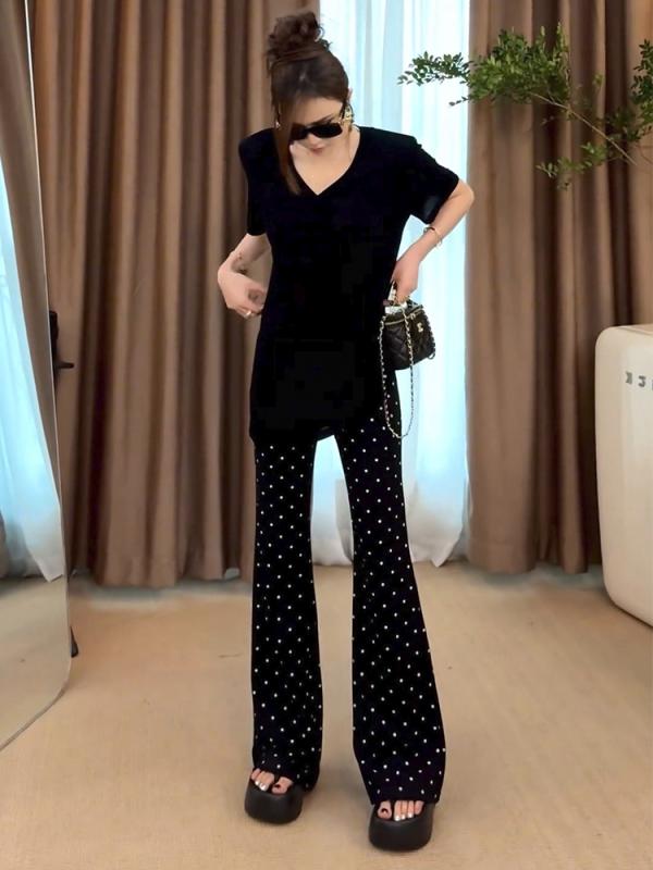 Rakuten - レディース ファッション 服 オシャレ カワイイ シンプル 大人カワイイ 大きいサイズ 秋 白 ドット ベルボトム パンツ ハイウエスト スリム パンツ