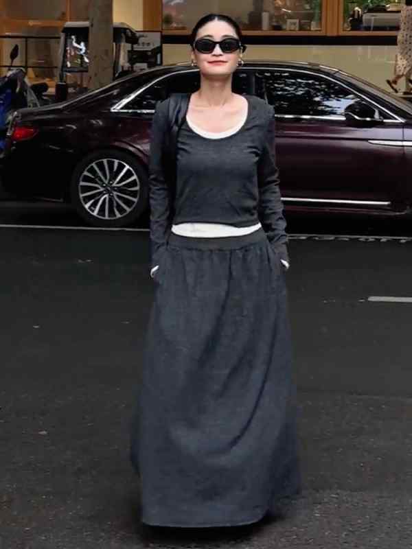 シンプル 黒 薄手 カジュアル ロング スカート 秋 ヒップ カバー Aライン ハイウエスト ハーフ