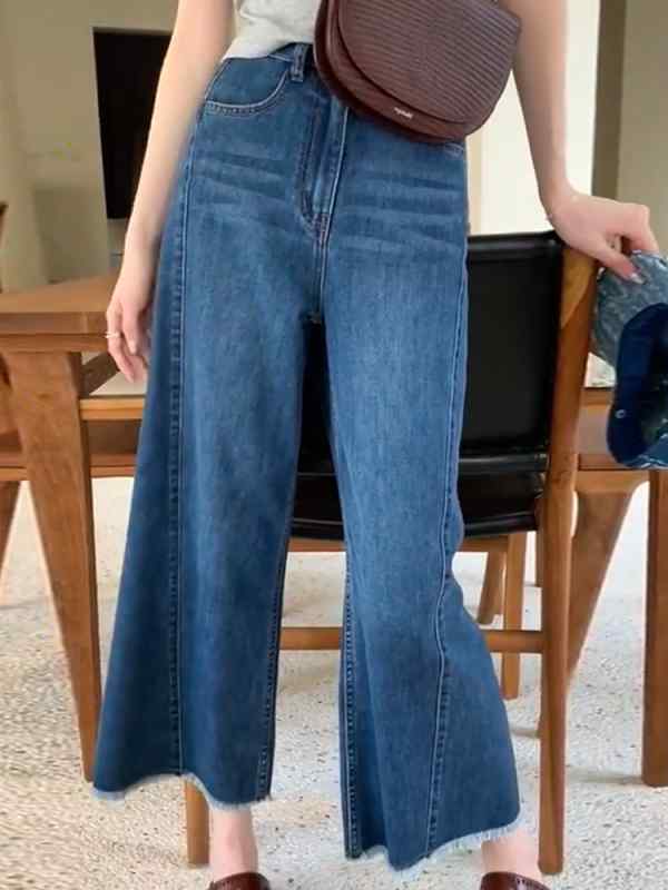 Nylon, Rayon, Polyester - レディース ファッション 服 オシャレ カワイイ シンプル 大人カワイイ 大きいサイズ 韓国 スタイル ハイウエスト ストレート レッグ ワイド ジーンズ 秋 スリム 九分丈 パンツ