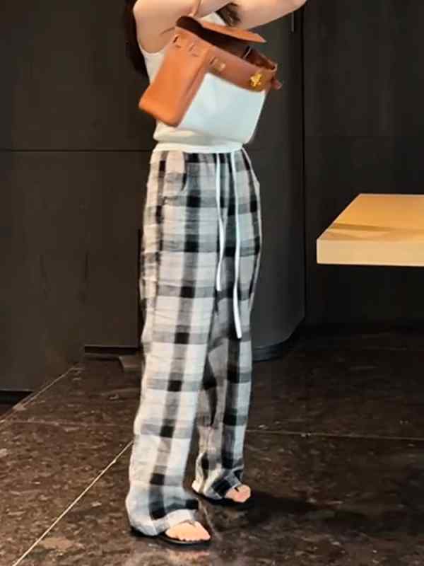 レディース ファッション 服 オシャレ カワイイ シンプル 大人カワイイ 大きいサイズ ハイウエスト ストラップ チェック柄 プリント ストレート ワイド レッグ カジュアル パンツ 秋 ゆったり スリム