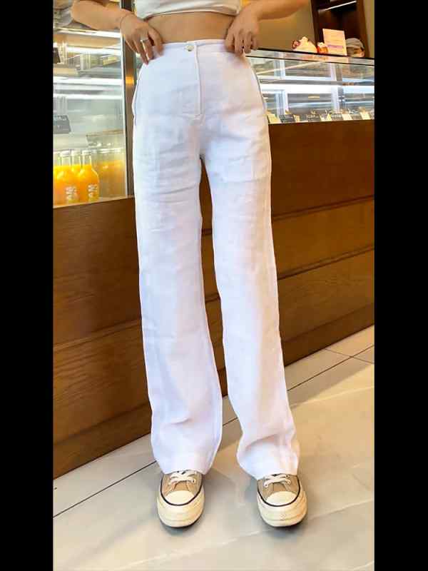 レディース ファッション 服 オシャレ カワイイ シンプル 大人カワイイ 大きいサイズ ホワイト ハイウエスト ストレート ワイド レッグ カジュアル リネン コットン クール パンツ 秋 スリミング(4)