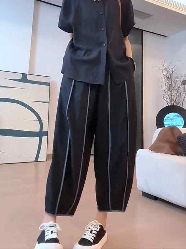 Nylon, Rayon, Polyester - レディース ファッション 服 オシャレ カワイイ シンプル 大人カワイイ 大きいサイズ ハイウエスト ストレート ストライプ ワイド レッグ カジュアル パンツ 秋 スリム 九分丈
