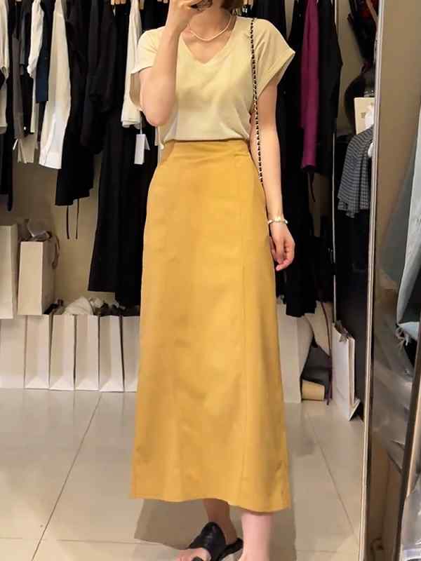 レディース ファッション 服 オシャレ カワイイ シンプル 大人カワイイ 大きいサイズ スーツ スカート 秋 スリム ハイウエスト ミドル丈 Aライン イエロー ロング
