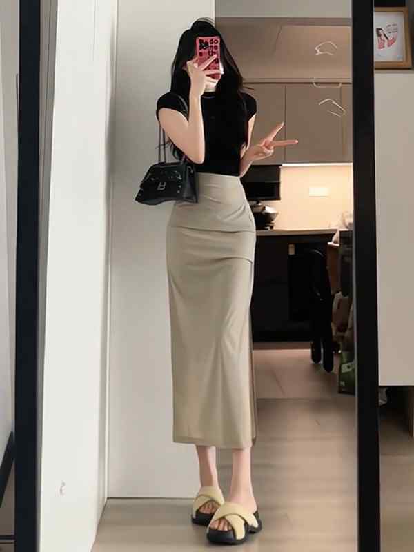 レディース ファッション 服 オシャレ カワイイ シンプル 大人カワイイ 大きいサイズ サイドスリット アプリコット 通勤 スーツ スカート 秋 ミドル丈 ハイウエスト スリムカート