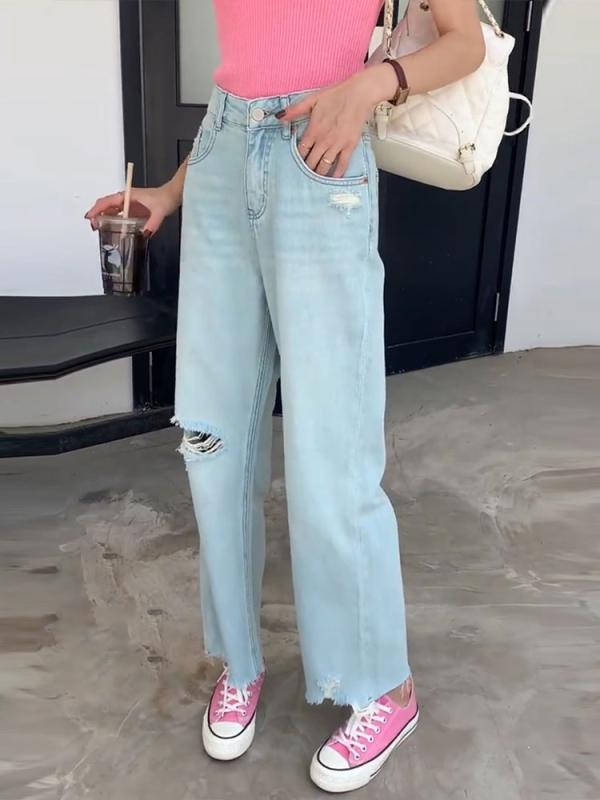 レディース ファッション 服 オシャレ カワイイ シンプル 大人カワイイ 大きいサイズ ブルー リップド ジーンズ 秋 ハイウエスト ストレート ワイド レッグ パンツ