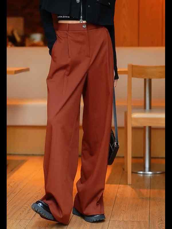 レディース ファッション 服 オシャレ カワイイ シンプル 大人カワイイ 大きいサイズ 秋 赤 プリーツ 通勤 スーツ ズボン ハイウエスト ロング パンツ ワイド レッグ