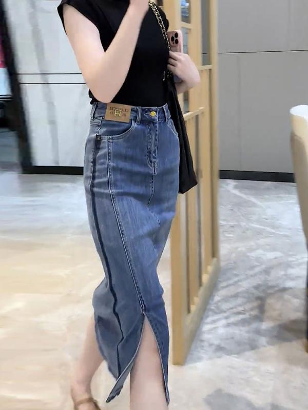 レディース ファッション 服 オシャレ カワイイ シンプル 大人カワイイ 大きいサイズ 韓国 スタイル ハイウエスト パンツ サイドスリット デニム スカート 秋 スリム スカート