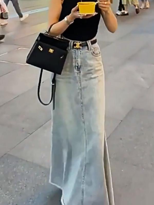 レディース ファッション 服 オシャレ カワイイ シンプル 大人カワイイ 大きいサイズ 韓国 スタイル カジュアル ロー エッジ スリット デニム スカート 秋 ミドル丈 スカート