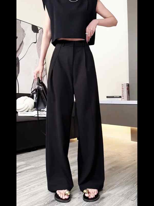 レディース ファッション 服 オシャレ カワイイ シンプル 大人カワイイ 大きいサイズ ブラック プリーツ 通勤 スーツ パンツ 秋 ハイウエスト ロング パンツ ワイド レッグ ストレート