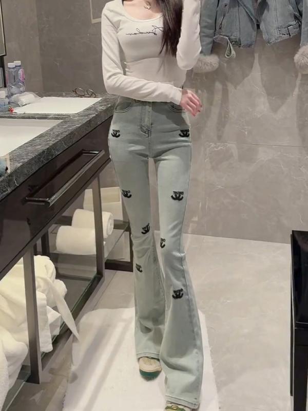 レディース ファッション 服 オシャレ カワイイ シンプル 大人カワイイ 大きいサイズ 春 スリムフィット フレア ジーンズ 立体 プリント パンツ スリム カジュアル ブルー ベルボトム