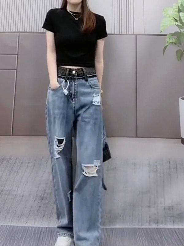 乐天商城 - レディース ファッション 服 オシャレ カワイイ シンプル 大人カワイイ 大きいサイズ 秋 リップド ジーンズ ハイウエスト カジュアル パンツ ストレート ワイド レッグ