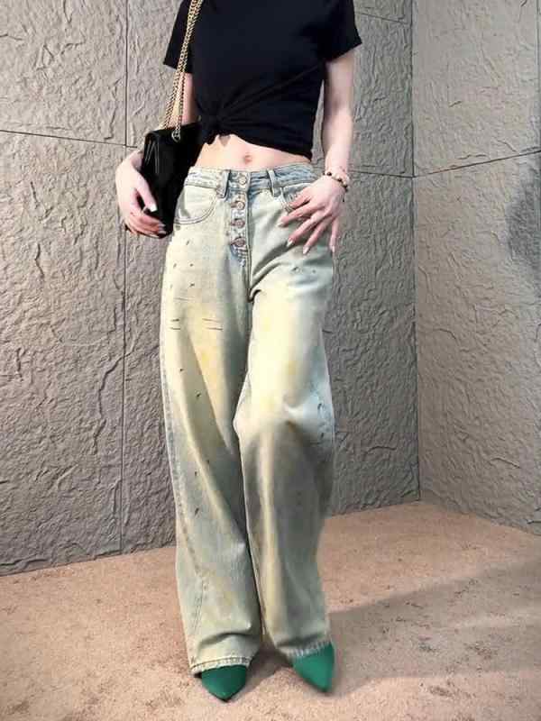Rakuten - レディース ファッション 服 オシャレ カワイイ シンプル 大人カワイイ 大きいサイズ スプラッシュ ペイント ワイド レッグ ジーンズ 秋 ハイウエスト スリム ストレート パンツ フロア レングス