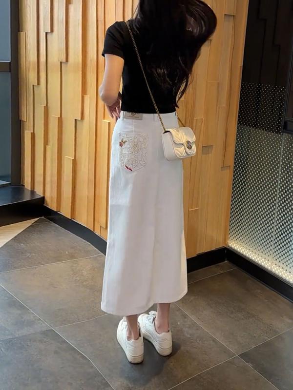 レディース ファッション 服 オシャレ カワイイ シンプル 大人カワイイ 大きいサイズ ハイウエスト スリット ストレート デニム スカート 秋 スリム スカート