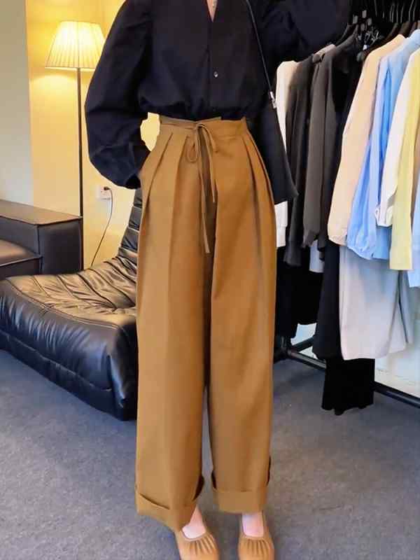 Rakuten - レディース ファッション 服 オシャレ カワイイ シンプル 大人カワイイ 大きいサイズ カボチャ プリーツレースアップ カジュアル パンツ 秋 ズボン カフス ハイウエスト ワイド レッグ