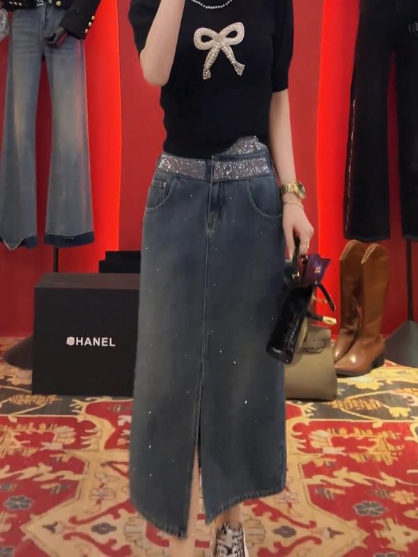 レディース ファッション 服 オシャレ カワイイ シンプル 大人カワイイ 大きいサイズ ウエスト バンド デニム スカート ハイウエスト ミッドレングス スカート
