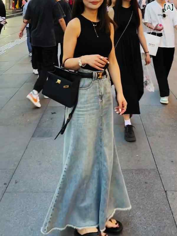 レディース ファッション 服 オシャレ カワイイ シンプル 大人カワイイ 大きいサイズ ライト ブルー ハイウエスト ロー エッジ Aライン スカート 秋 デニム スカート