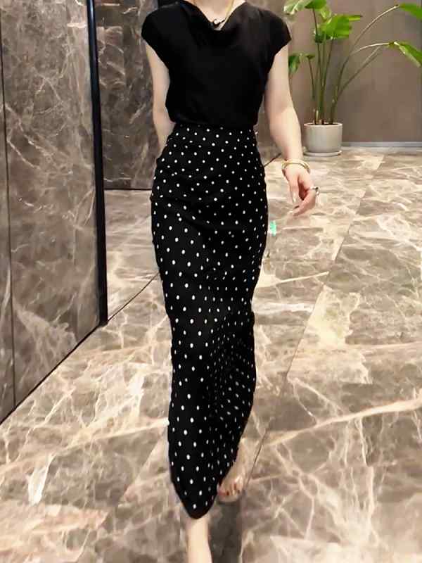 レディース ファッション 服 オシャレ カワイイ シンプル 大人カワイイ 大きいサイズ ハイウエスト カラー 水玉 スリット ストレート スカート 秋 スリム ミドル丈