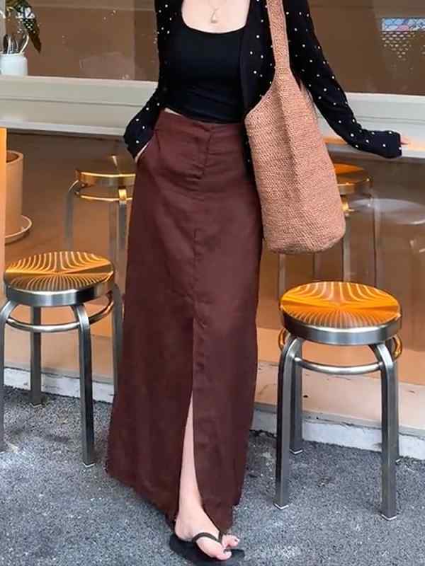 乐天商城 - レディース ファッション 服 オシャレ カワイイ シンプル 大人カワイイ 大きいサイズ フロントスリット 赤 茶色 薄手 カジュアル ロング パンツスカート 秋 ハイウエスト カバー アップ Aライン