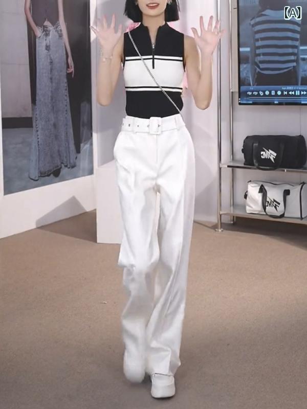 レディース ファッション 服 オシャレ カワイイ シンプル 大人カワイイ 大きいサイズ ビッグ ベルト 白 スーツ パンツ 秋 スリム ストレート ハイウエスト ドレープ