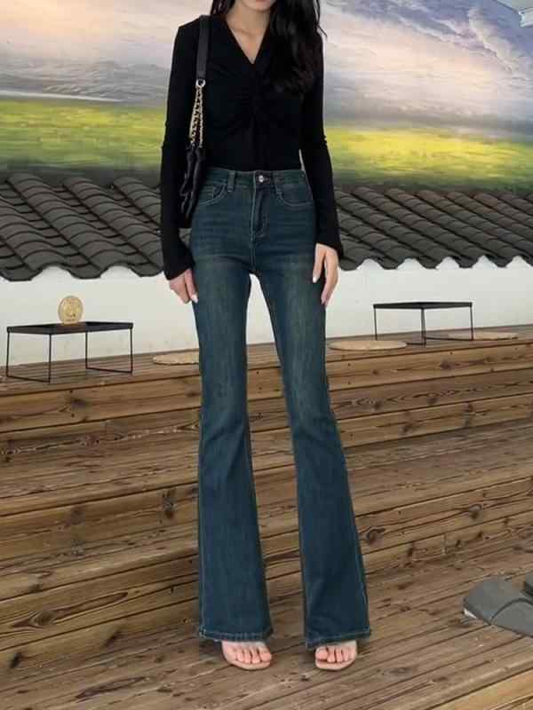 レディース ファッション 服 オシャレ カワイイ シンプル 大人カワイイ 大きいサイズ ブーツ カット ジーンズ 秋 スリム ハイウエスト ホース シュー フレア パンツ(4.0)