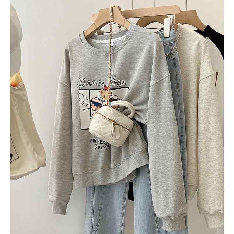 レディース ファッション 服 オシャレ カワイイ シンプル 大人カワイイ 大きいサイズ ハイエンド アメリカン クマ プリント グレー 長袖 スウェット シャツ プルオーバー トップス