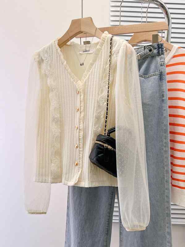 Long-Sleeved - レディース ファッション 服 オシャレ カワイイ シンプル 大人カワイイ 大きいサイズ メッシュ レース フレンチ Vネック 長袖 シャツ トップス