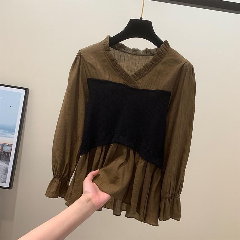 乐天商城 - レディース ファッション 服 オシャレ カワイイ シンプル 大人カワイイ 大きいサイズ フレンチ Vネック ウエスト シフォン シャツ 長袖 フェイク ツーピース トップス