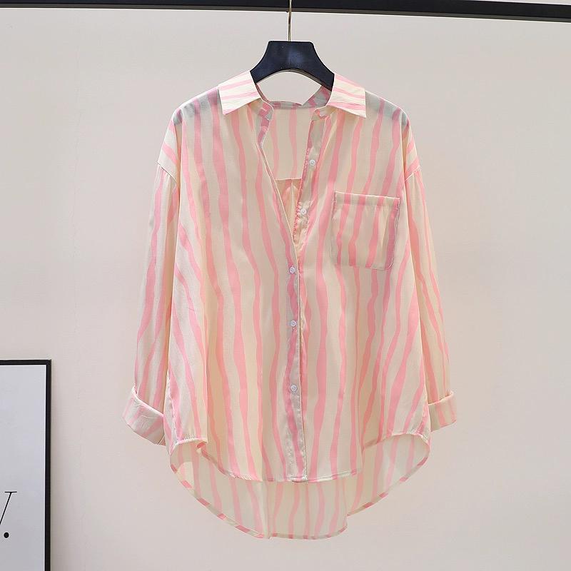 Rakuten - レディース ファッション 服 オシャレ カワイイ シンプル 大人カワイイ 大きいサイズ 秋 ポロ カラー ピンク ストライプ 長袖 シャツ ポケット トップス