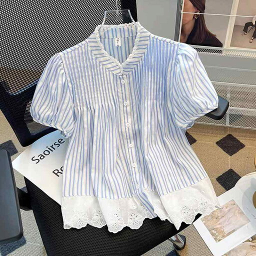 レディース ファッション 服 オシャレ カワイイ シンプル 大人カワイイ 大きいサイズ 秋 プリーツレース ストライプ シャツ シック 半袖 トップス レディース ファッション 服 オシャレ カワイイ シンプル 大人カワイイ 大きいサイズ 秋 プリーツレース ストライプ シャツ シック 半袖 トップス