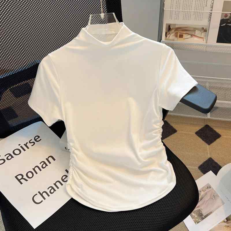 レディース ファッション 服 オシャレ カワイイ シンプル 大人カワイイ 大きいサイズ 秋 ハーフ タートルネック 半袖 T シャツ プリーツ スリム ウエスト トップス