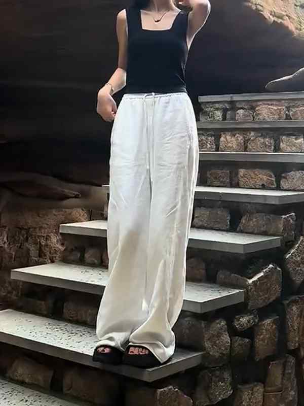 レディース ファッション 服 オシャレ カワイイ シンプル 大人カワイイ 大きいサイズ ソリッドカラー ハイウエスト ストラップ ストレッチ ストレート ワイド レッグ カジュアル パンツ 秋 スリム