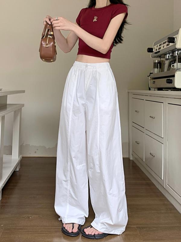 春 コーデ レディース ファッション オシャレ カワイイ シンプル きれいめ ナチュラル 上品カジュアル 婦人服 アメリカン ソリッドカラー ワークウェア カジュアル パンツ 夏 ハイウエスト スリム ワイドレッグ(4)