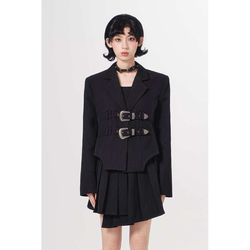 レディース ファッション 服 オシャレ カワイイ シンプル 大人カワイイ 大きいサイズ ダーク ベルトバックル スーツ ジャケット 秋 トップス